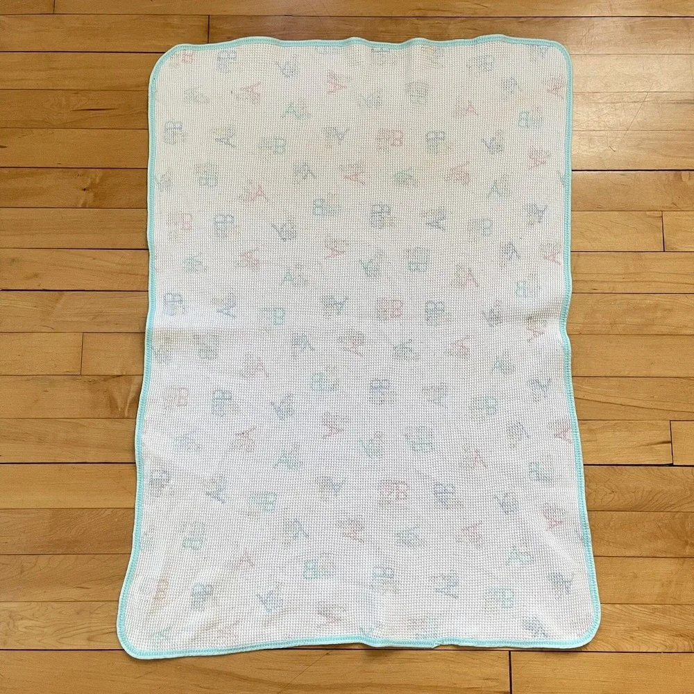 Vintage Carters Waffle Knit Thermal Baby Blanket Cotton ABC's Bunny Teal‎ Blue